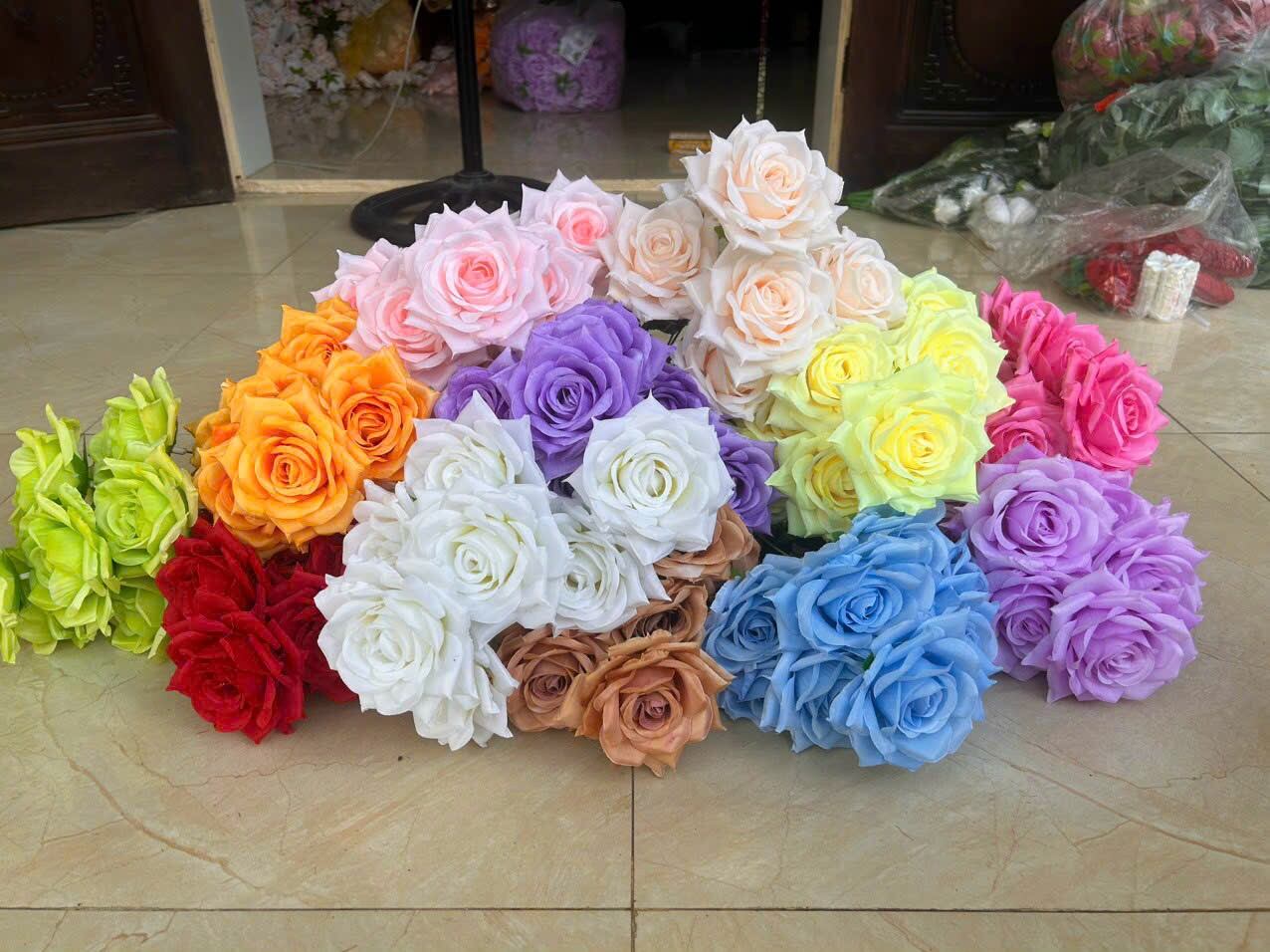Cụm hồng xoan 9 bông size 12cm_ hoa lụa trang trí