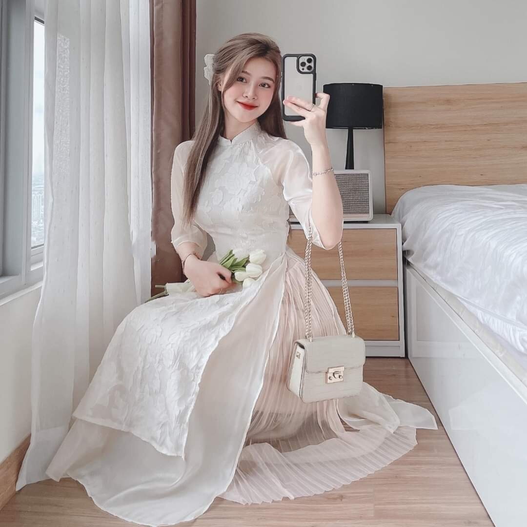 SET ÁO DÀI BIGSIZE REN HOA PHỐI CHÂN VÁY DẬP LY