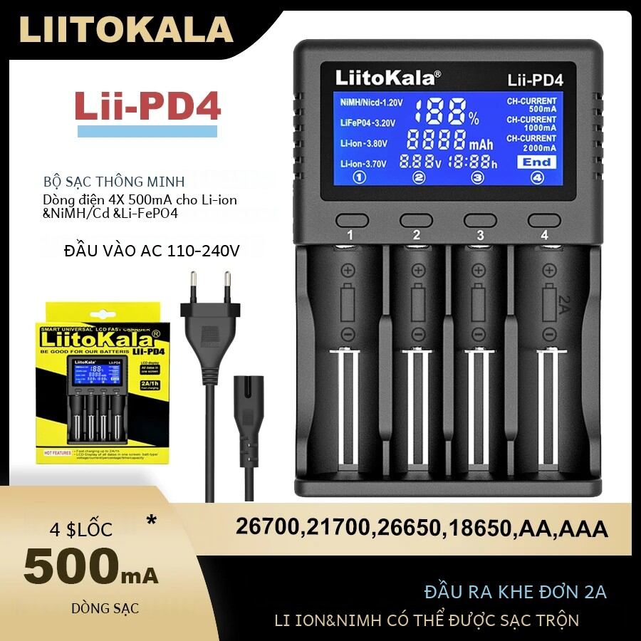 Liitokala Pin Sạc Cho 18650 26650 21700 18350 18500 AAA Li-ion NiMH 3.7V Sạc Nhanh Thông Minh Có Màn Hình Hiển Thị