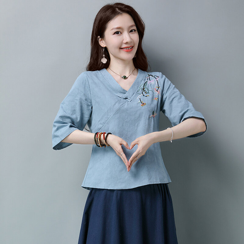Trang phục nữ phong cách trung quốc trang phục nhà đường cách tân áo cotton lanh có nút cài vạt chéo cổ điển trang phục trà thiền mùa hè cho nữ áo lanh