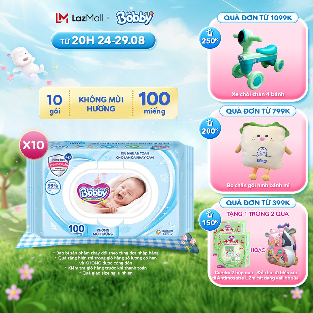Combo 10 khăn ướt Bobby care không mùi 100 miếng