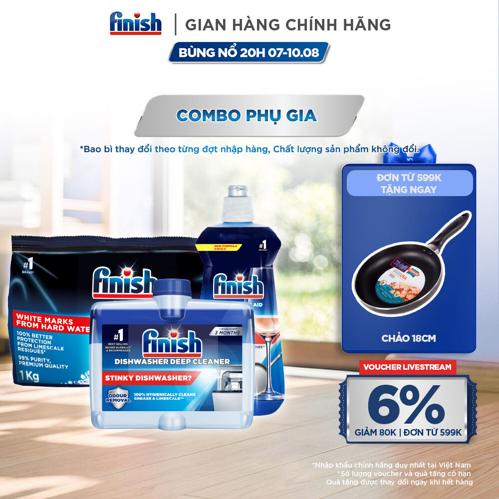 Combo phụ gia Finish: Nước làm bóng 500ml + Dung dịch vệ sinh máy 250ml + Muối rửa chén bát