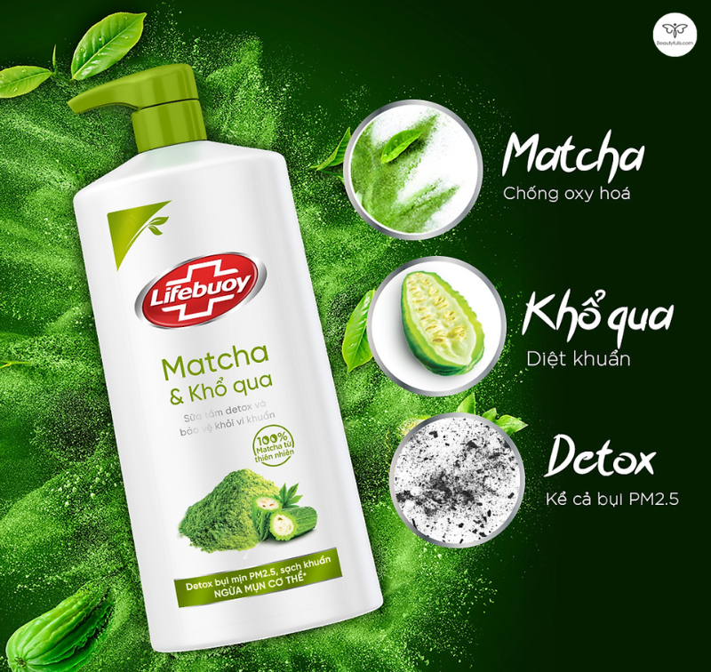 Sữa tắm Lifebuoy 800g detox matcha khổ qua ngăn ngừa mụn lưng và diệt khuẩn
