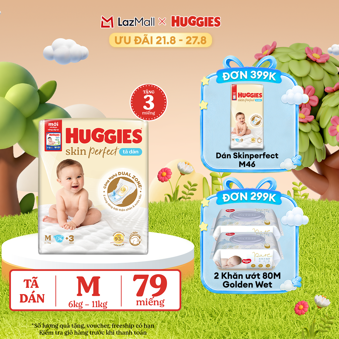 [17-24.08 QUÀ TẶNG ĐƠN 0Đ]  Combo 2 Tã/bỉm dán sơ sinh Huggies Skin Perfect S 54 miếng với 2 vùng thấm giảm kích ứng da