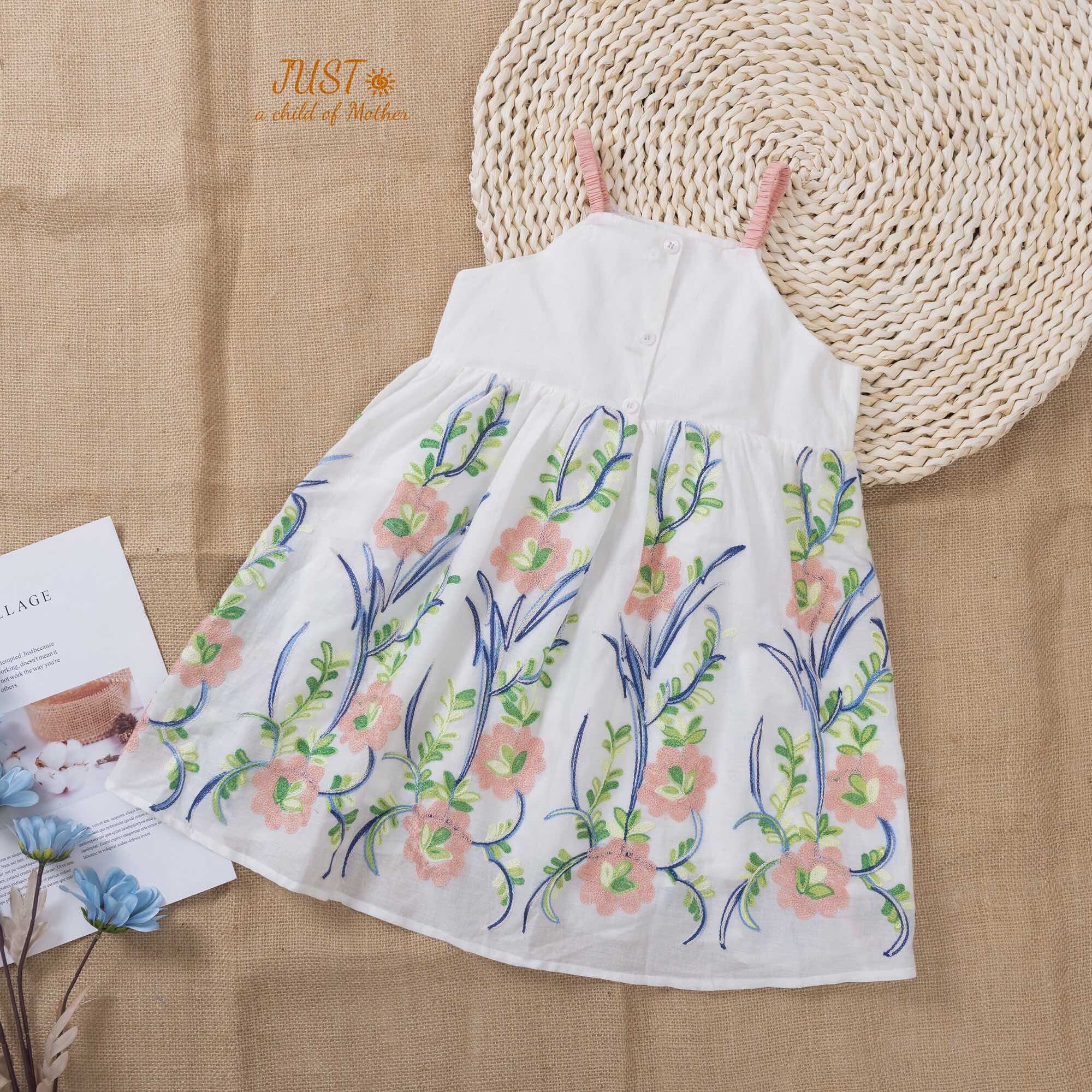 Váy 2 dây thêu ren hoa nổi xinh xắn cho bé gái Chất thô boil mềm mát thấm hút tốt