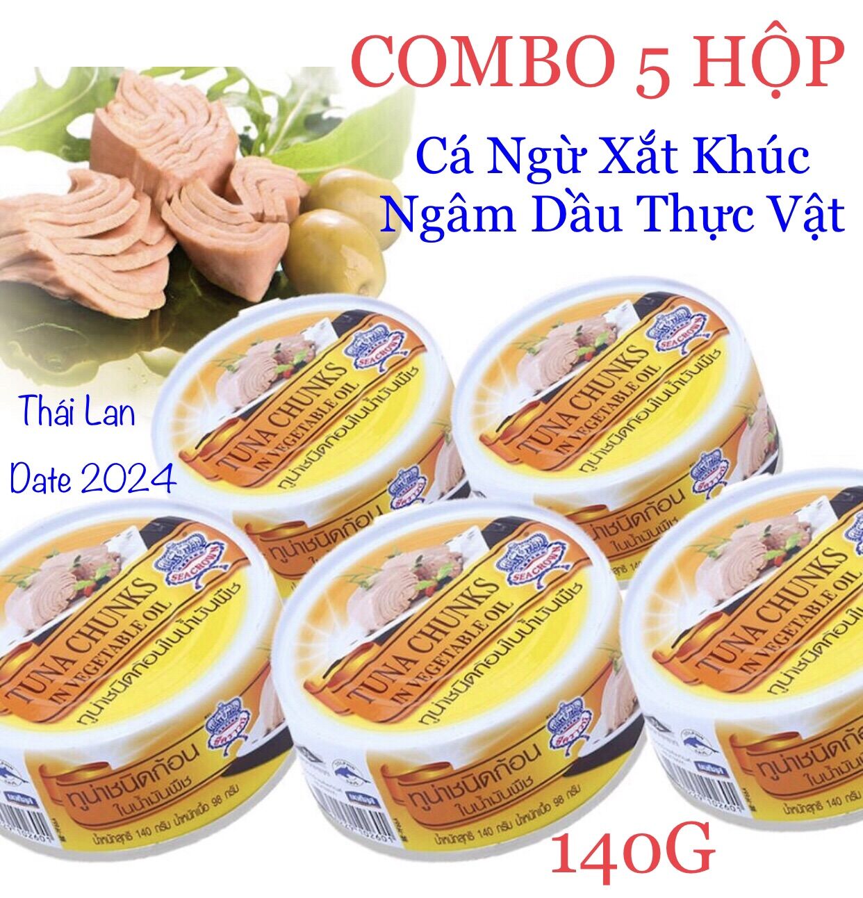 CÁ NGỪ XẮT KHÚC NGÂM DẦU THỰC VẬT RAU CỦ THÁI ( COMBO 5 HỘP x 140G ) TUNA CHUNKS IN VEGETABLE OIL SEA CROWN HÀNG THÁI LAN DATE 2025