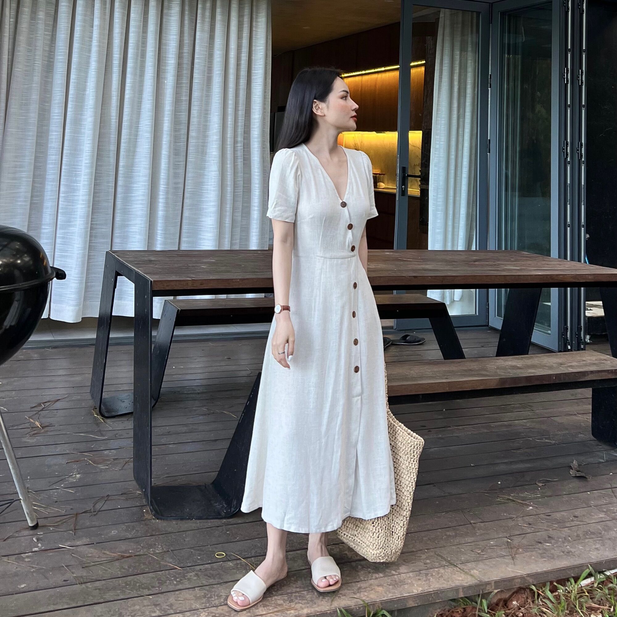 Bamboo Dress - Đầm Linen Cúc Gỗ ( ảnh chính chủ )