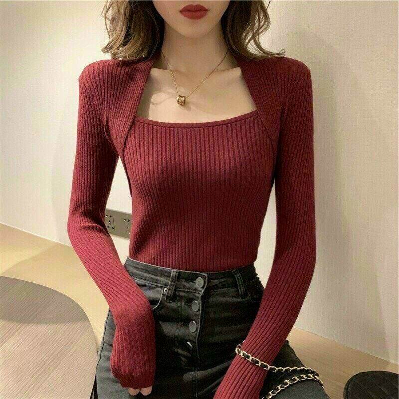 Áo thun gân tay dài cổ vuông ấm áp boong store