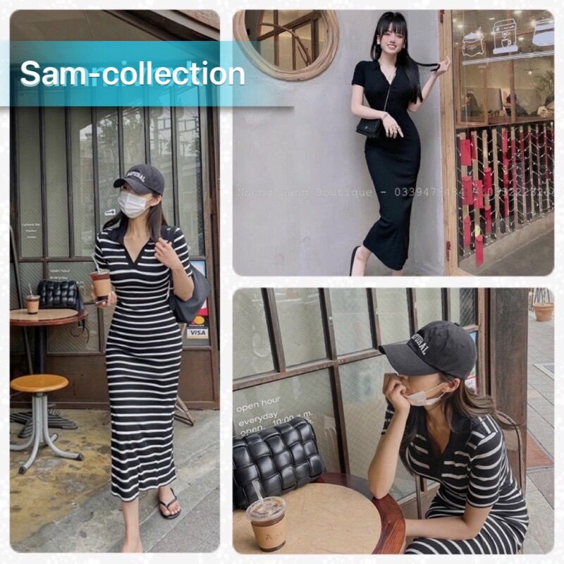 Đầm polo kẻ đen dáng dài cộc tay Sam-collection💥Đầm body cổ đức dáng dài
