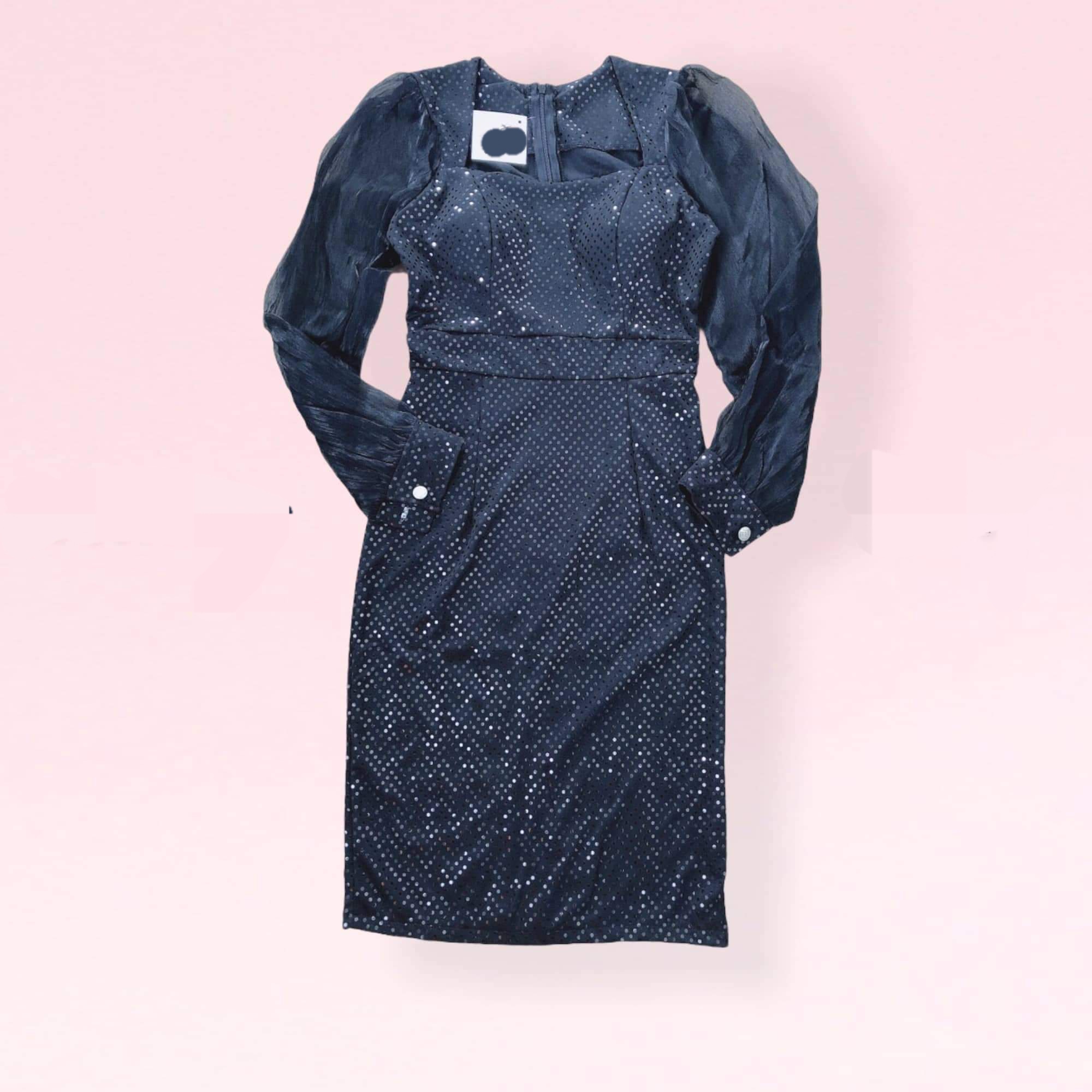 Đầm body nhũ kim sa tay dài phối voan lưới kèm dây cột eo HÀNG THIẾT KẾ