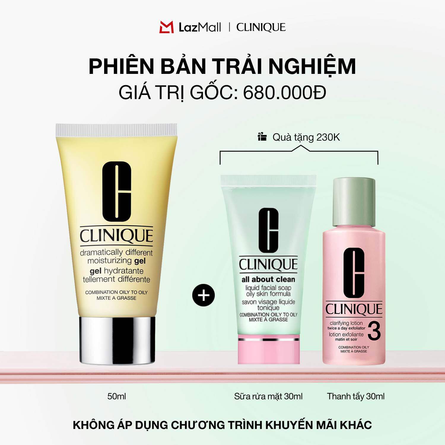 [PHIÊN BẢN TRẢI NGHIỆM] Bộ 3 bước chăm da gồm: Kem dưỡng ẩm cân bằng Clinique Dramatically Different Moisturizing - Moisturizer 50ml (Gel - Jelly - Lotion), Sữa rửa mặt 30ml, Nước thanh tẩy 30ml