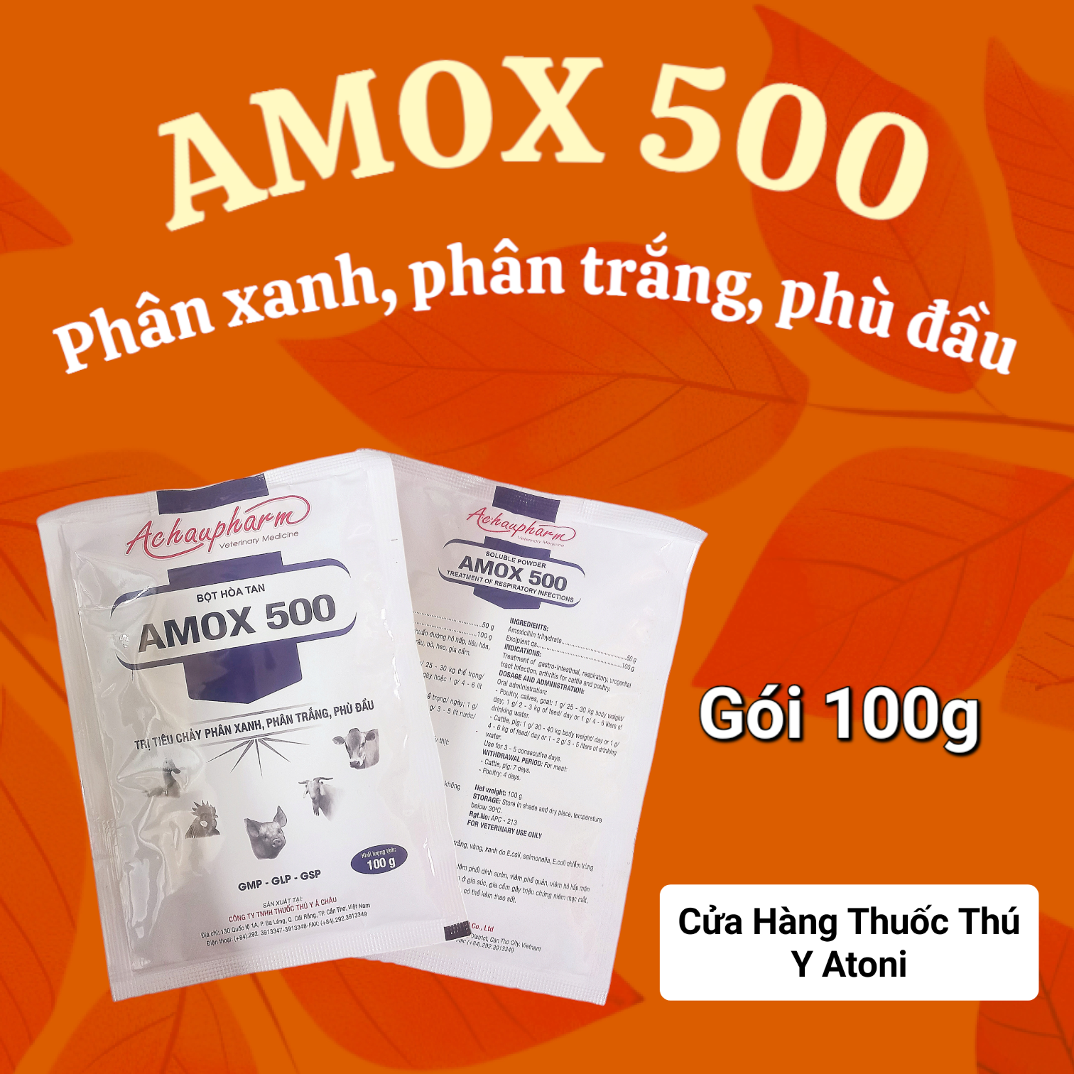 AMOX 500 Gói 100g Bột Trộn Ăn Pha Nước Cho Gà Chim - Phân Xanh, Phân Trắng, Phù Đầu, Ecoli, Tụ Huyết