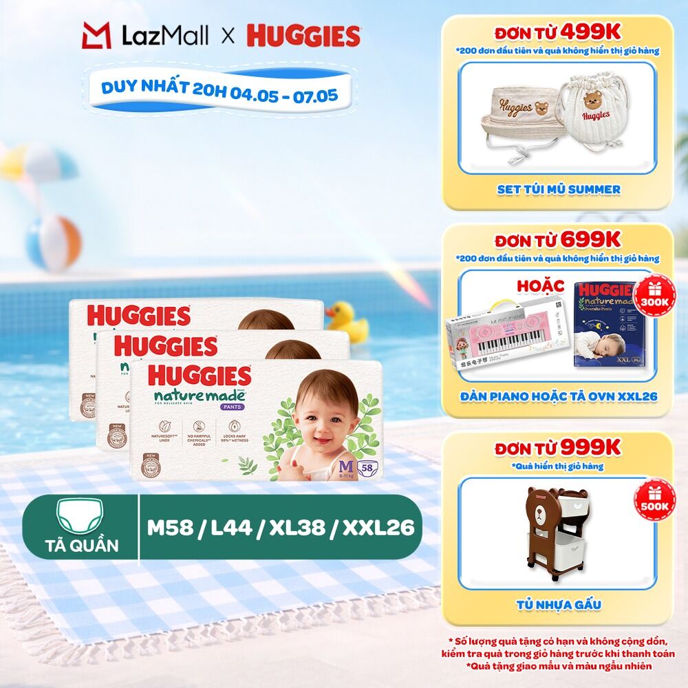 Combo 3 Tã quần Huggies Naturemade M58/L44/XL38/XXL26/XXXL28 miếng - QUÀ ĐÍNH KÈM GIỎ HÀNG, KIẾM TRA GIỎ HÀNG TRƯỚC KHI THANH TOÁN