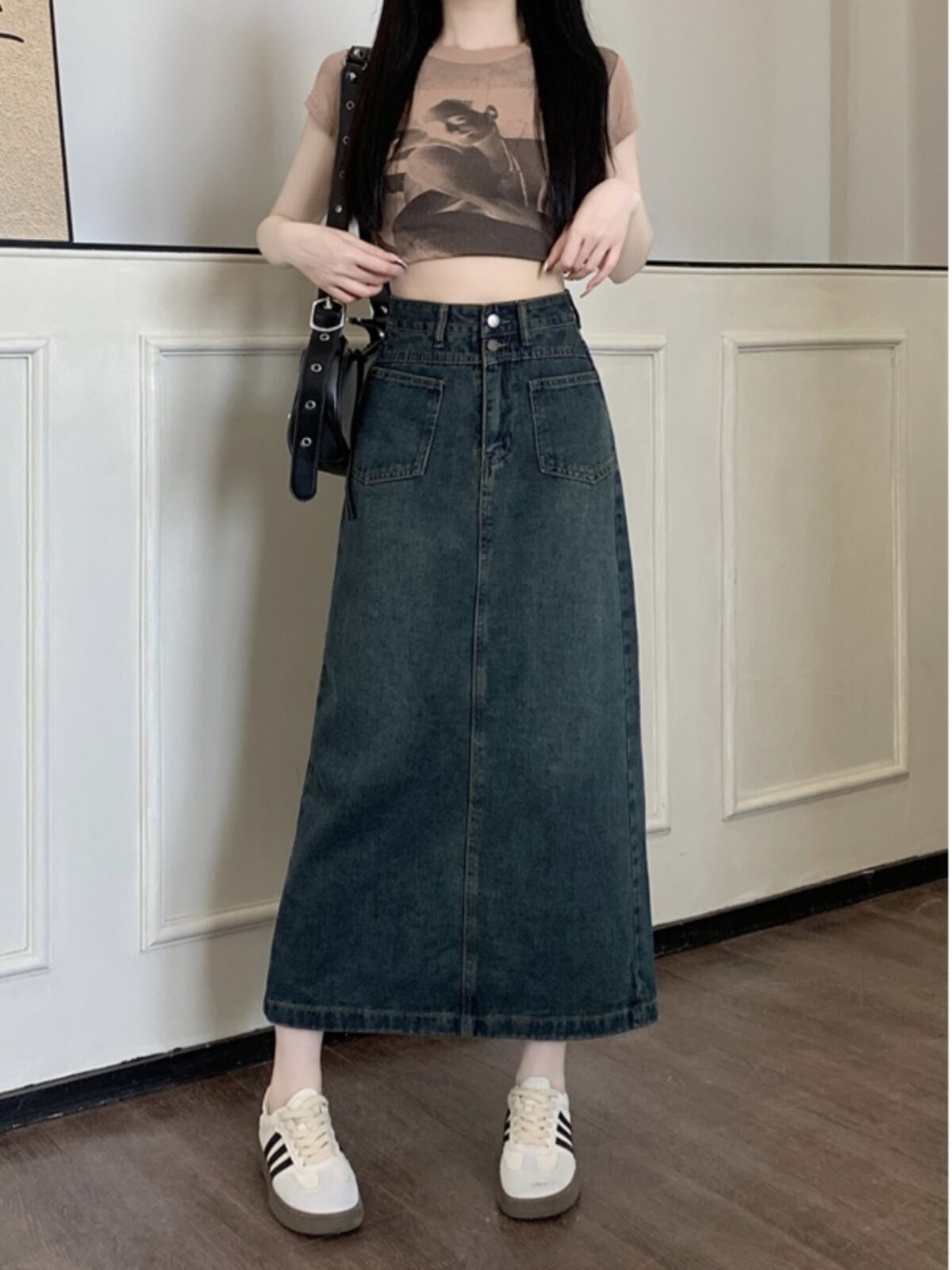 Váy Mini Denim Cạp Cao Chữ a Cỡ Lớn Cho Nữ Mùa Xuân Thu Váy Midi Cạp Cao Che Mông Phong Cách Retro Có Nút