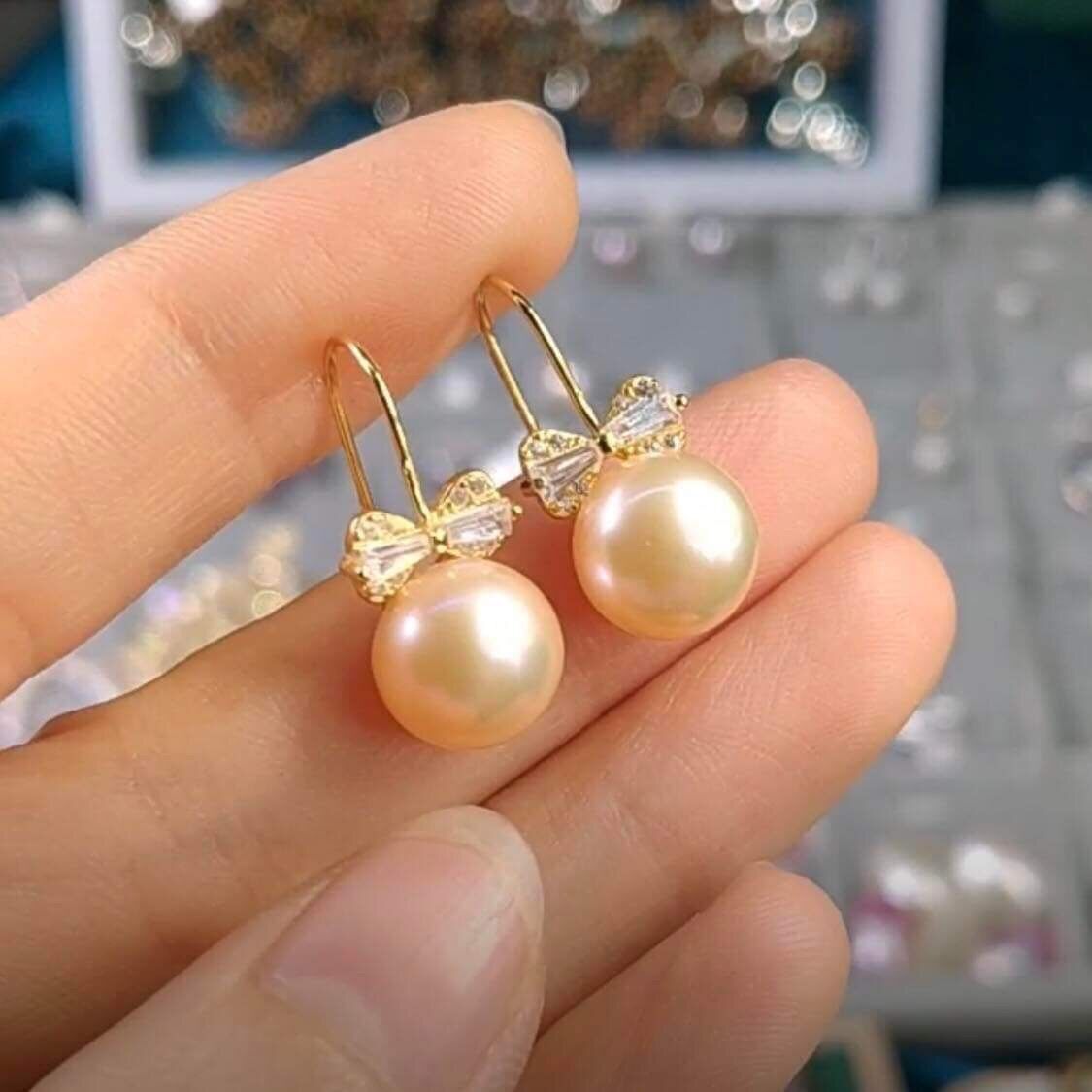 Bông tai ngọc trai nuôi nước ngọt tự nhiên hạt bóng đẹp chuẩn 2A màu Trắng, Cam, Hồng, Xanh đen