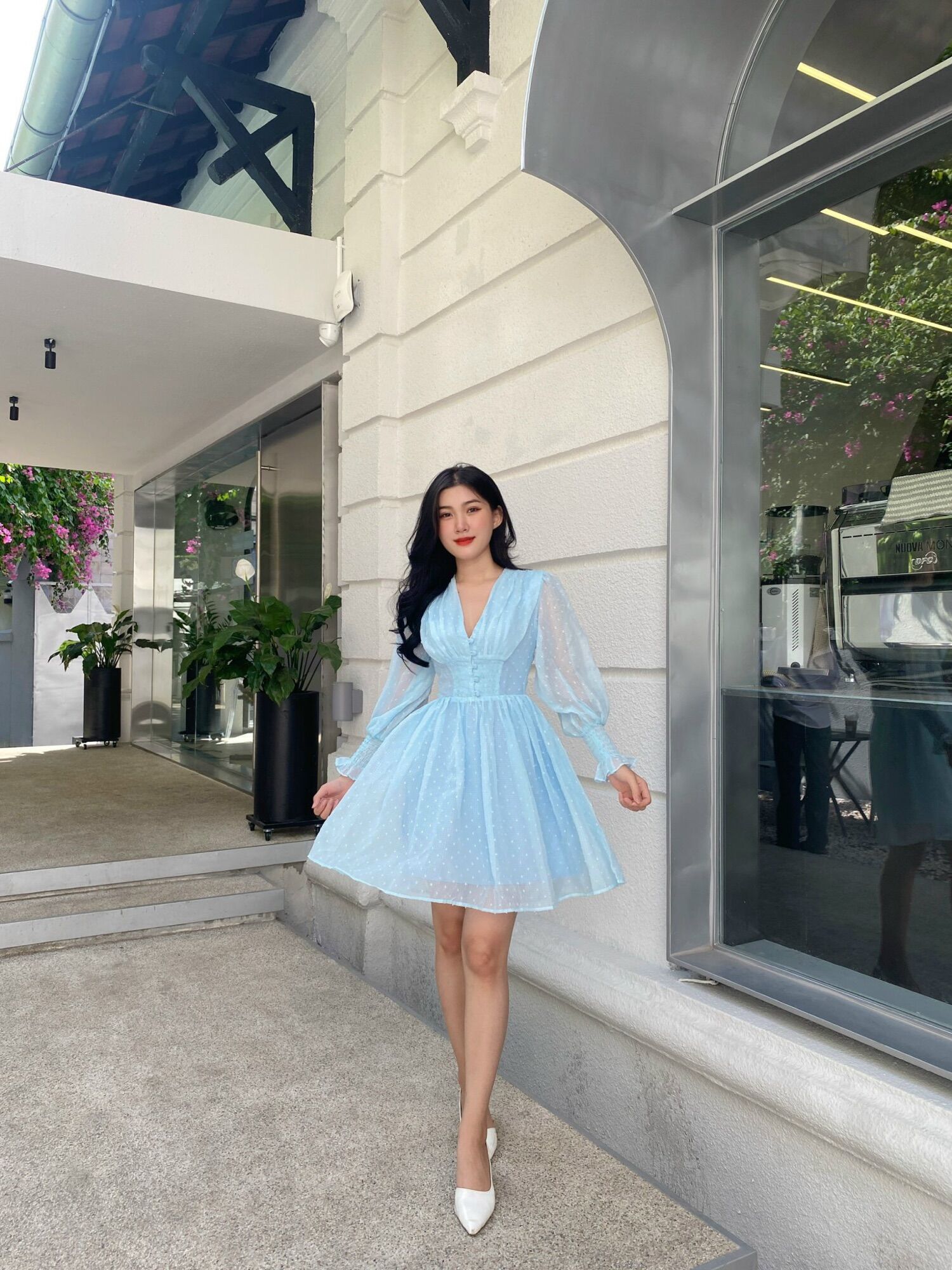 LALLA - Đầm Milan tay dài nhấn eo xoè nhẹ nữ