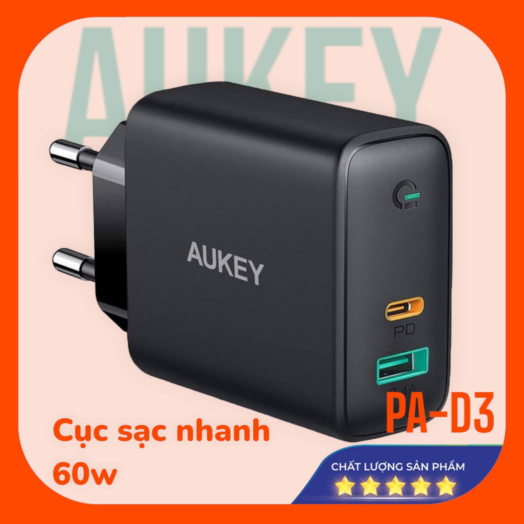 Củ sạc nhanh 60w aukey pa-d3 , 2 cổng usb-a 12w + type c 60w pd3.0 sạc nhanh iphone, ipad, macbook