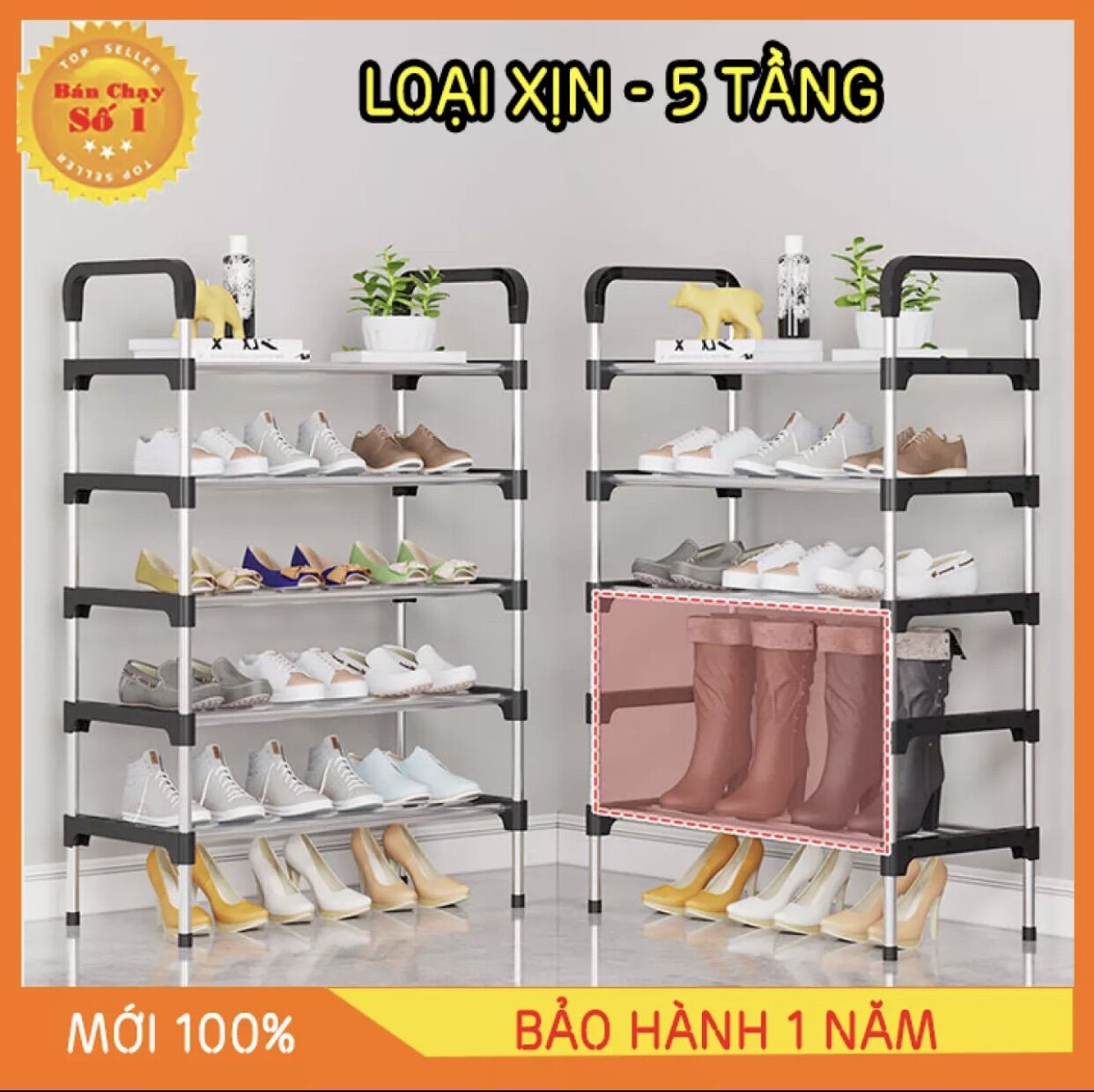 Kệ giầy dép 5 tầng khung inox , giá để giầy 5 tầng inox gọn gàng kế cơ động