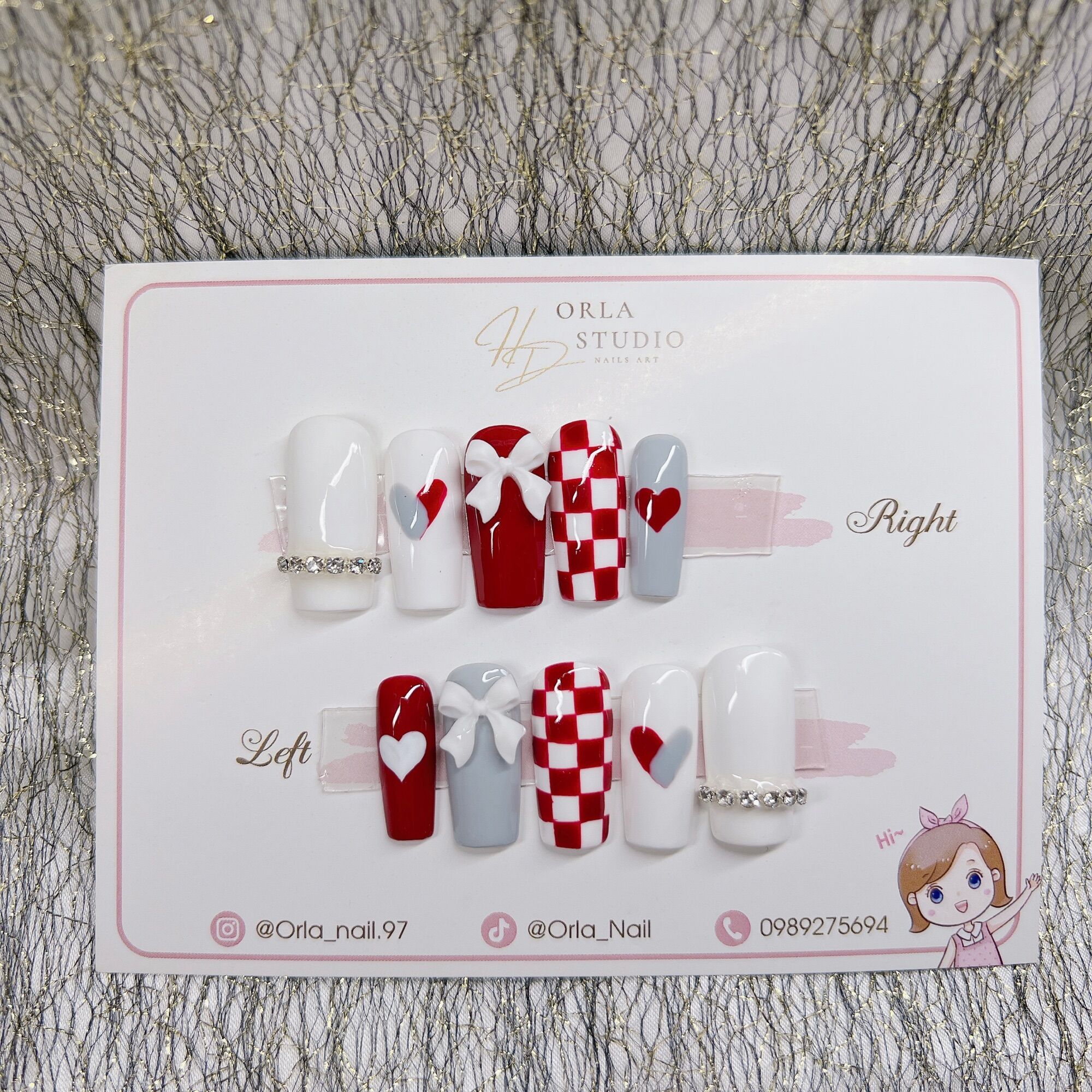 Nailbox vẽ karo nền trắng đỏ D819