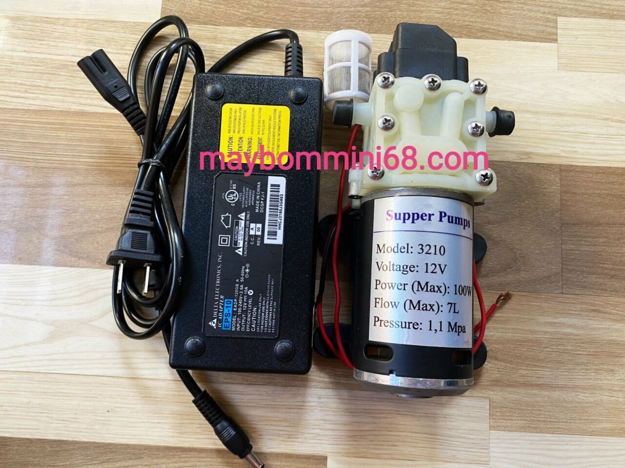 Máy bơm áp lực phun thuốc, phun sương 12v 100w 3210 kèm nguồn 12v 10a và lọc nước