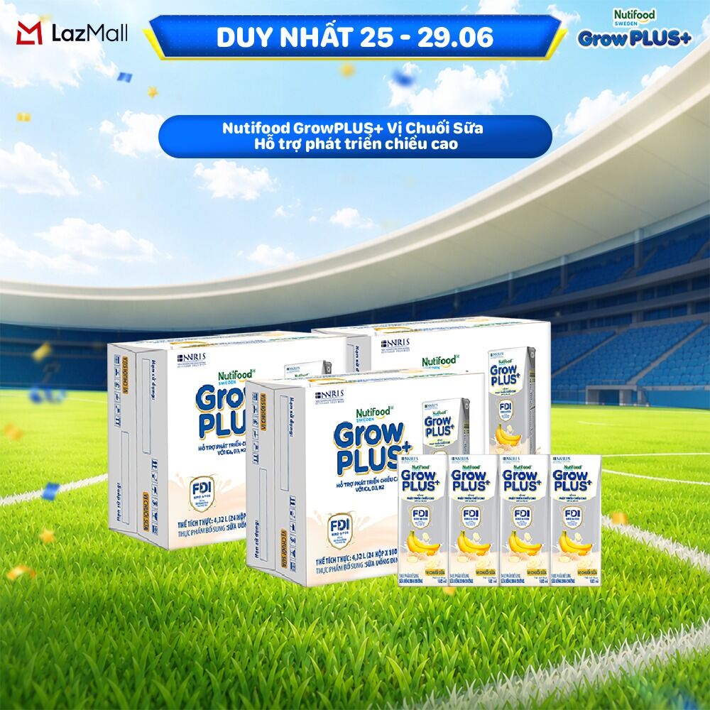 Combo 3 Thùng 24 hộp Sữa bột pha sẵn Nutifood Sweden GrowPLUS+ Vị Chuối Sữa hộp 180ml - Hỗ trợ phát triển chiều cao