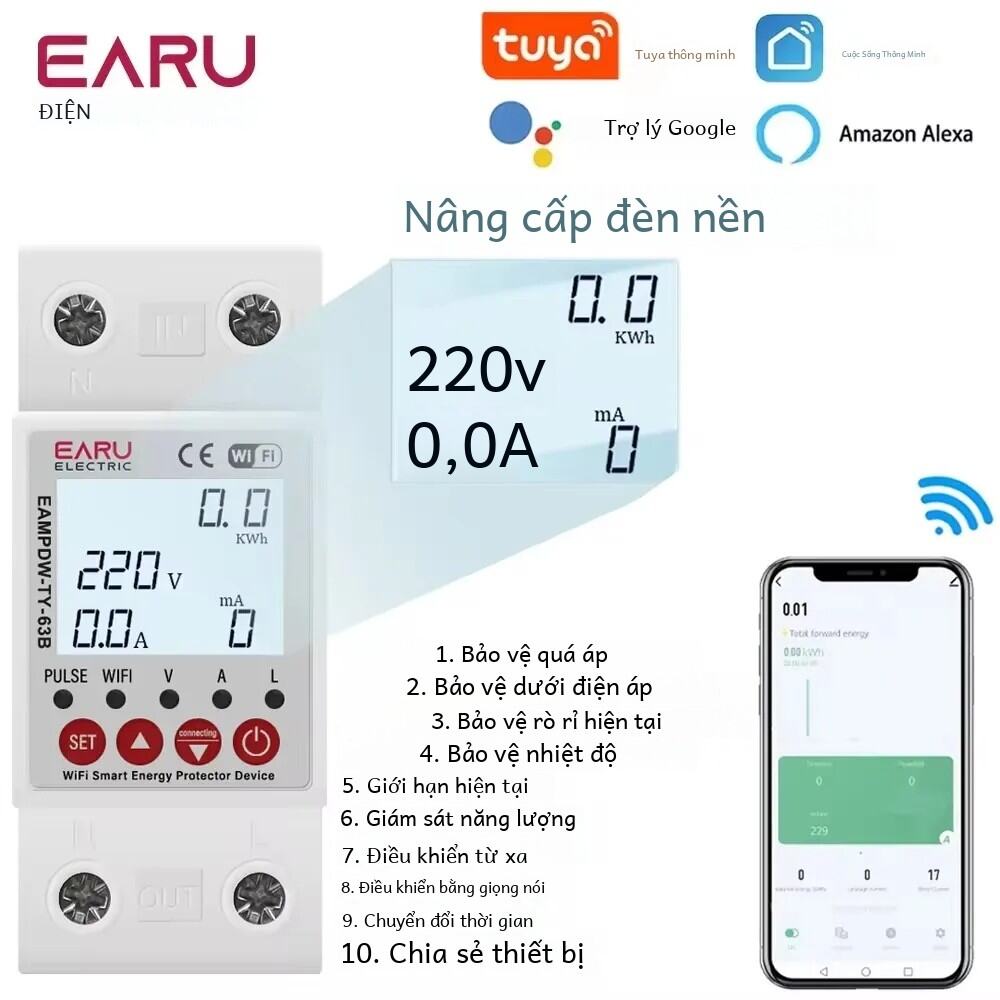 Tuoya Ứng Dụng Wifi Mạch Thông Minh 2P 63a Rò Rỉ Trái Đất Trên Dưới Điện Áp Bảo Vệ Rơ Le Thiết Bị Công Tắc Ngắt Với Đồng Hồ Năng Lượng màn Hình Hiển Thị Kỹ Thuật Số 1 Pha