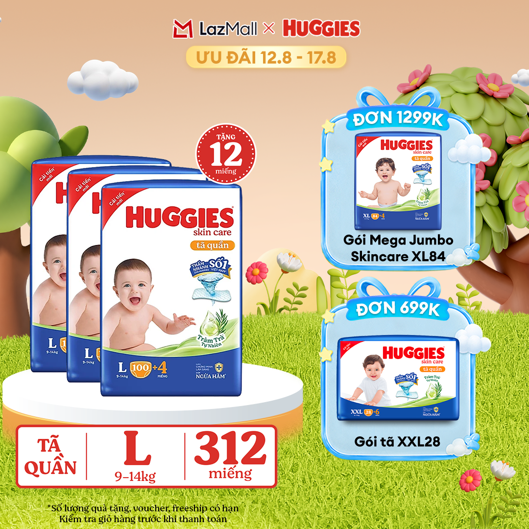 [12-17.08 GIẢM THÊM 90K] Combo 3 Gói Tã/bỉm quần HUGGIES SKINCARE MEGA JUMBO size L96+8 miếng/ L100+4 miếng