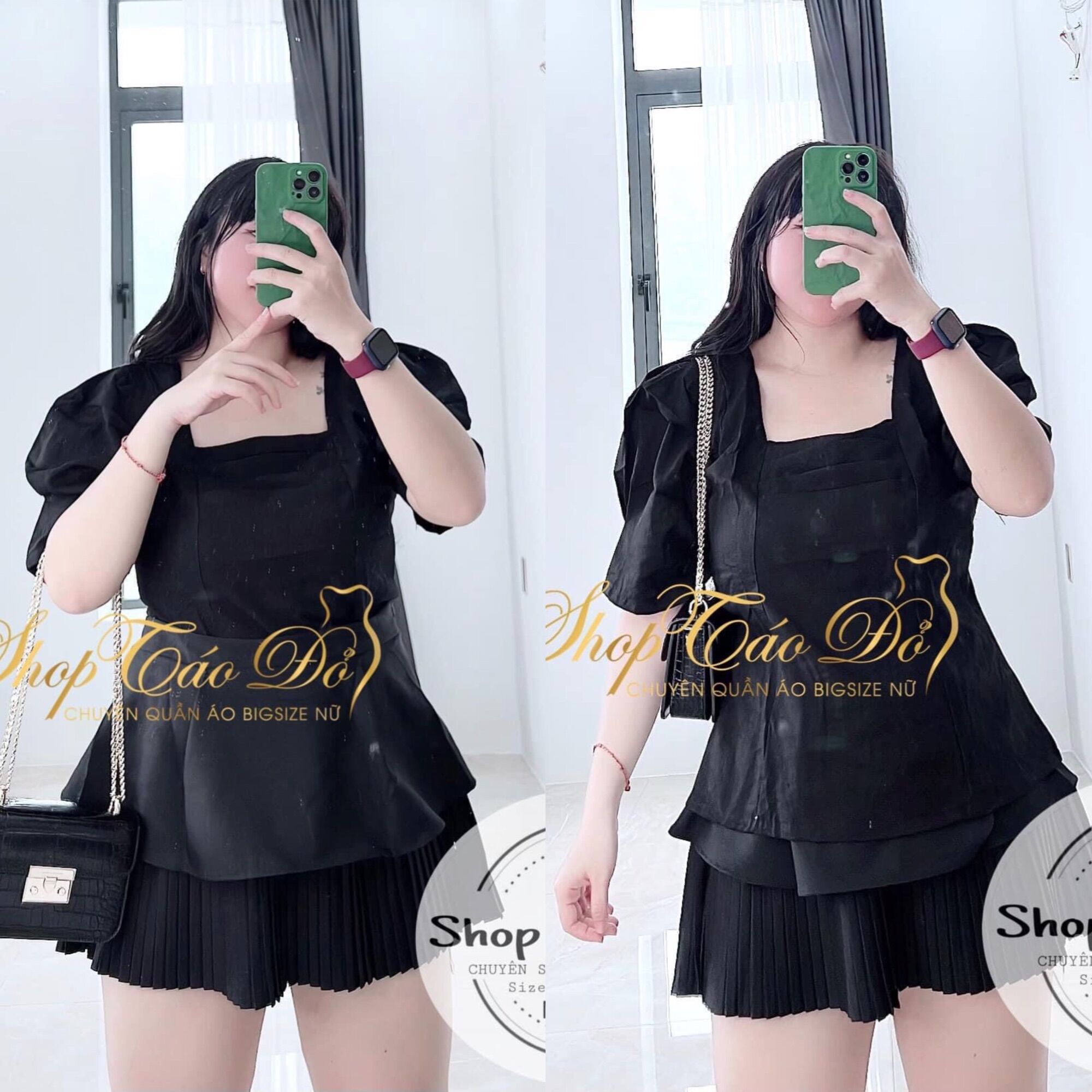 Set áo peplum mix chân váy xếp li mặc Tết - màu trắng, đen