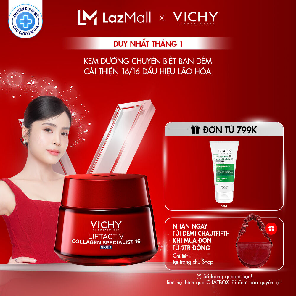 Kem dưỡng giúp cải thiện trọn 16 dấu hiệu lão hóa giảm nếp nhăn sáng da dùng ban đêm Vichy Collagen 16 Night 50ml 