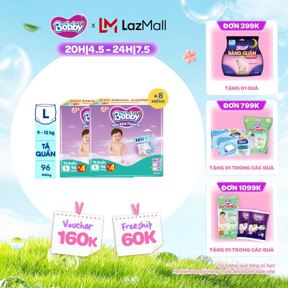 [CHỈ 20h 04-07.05 QT Đơn 899K/1199K][TẶNG MIẾNG NGẪU NHIÊN] Combo 2 Tã/bỉm quần Bobby 3mm Mega Jumbo Gạo non Giảm nhiệt L96