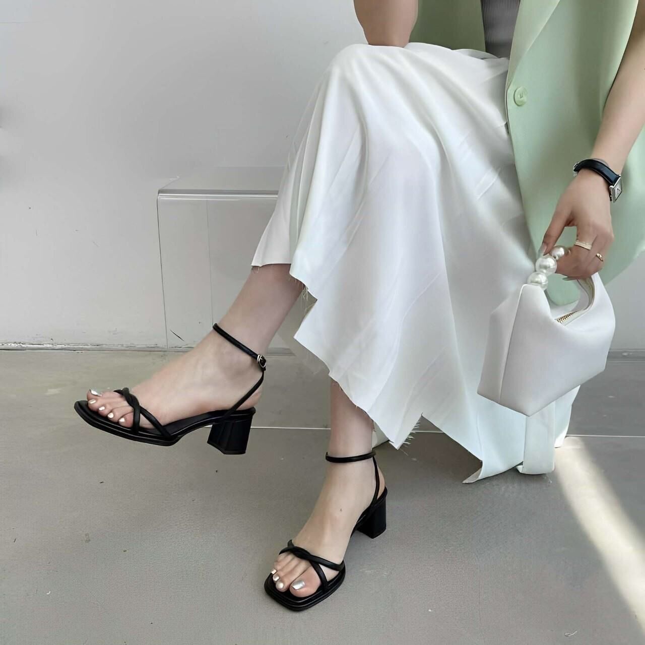 Sandal nữ gót vuông đế đúp chéo gót chéo quai mảnh trẻ trung 7cm