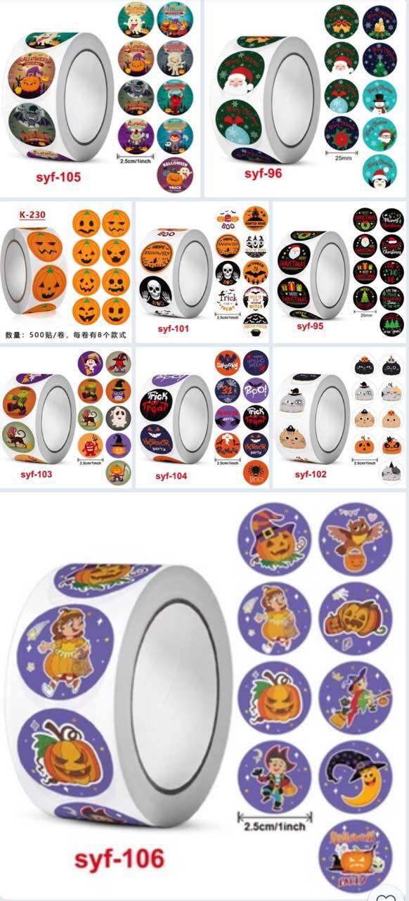 Cuộn 500 sticker dán khen thưởng mẫu Halloween, noel cho học sinh siêu sễ thương