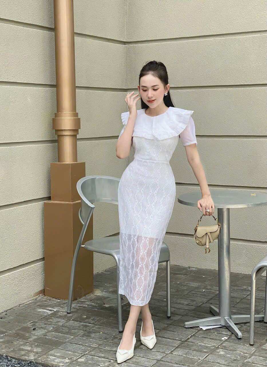 Đầm ren dự tiệc cổ bèo,váy ren dự tiệc