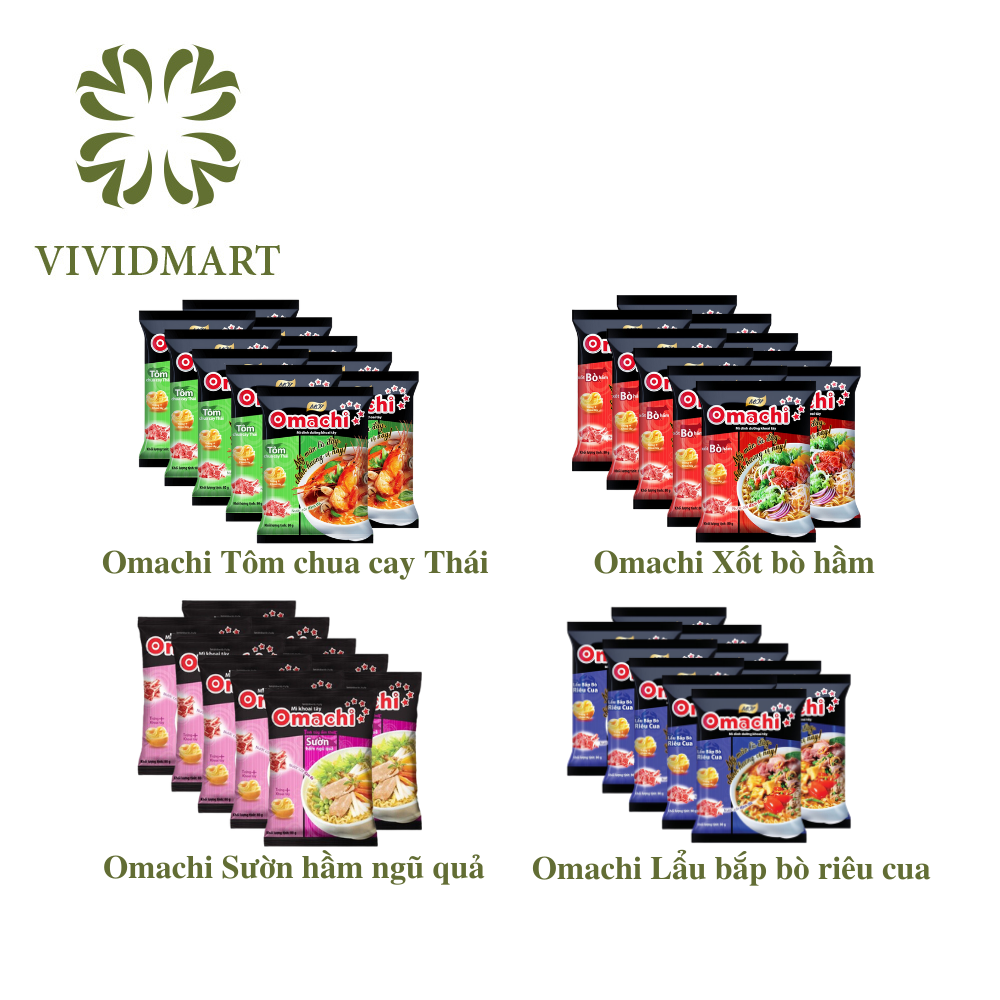 [SET 10 GÓI] - MASAN - Mì khoai tây gói Omachi 4 vị: Tôm Chua Cay Thái, Xốt Bò Hầm, Sườn Hầm Ngũ Quả, Lẩu Bắp Bò Riêu Cua (80g/gói)