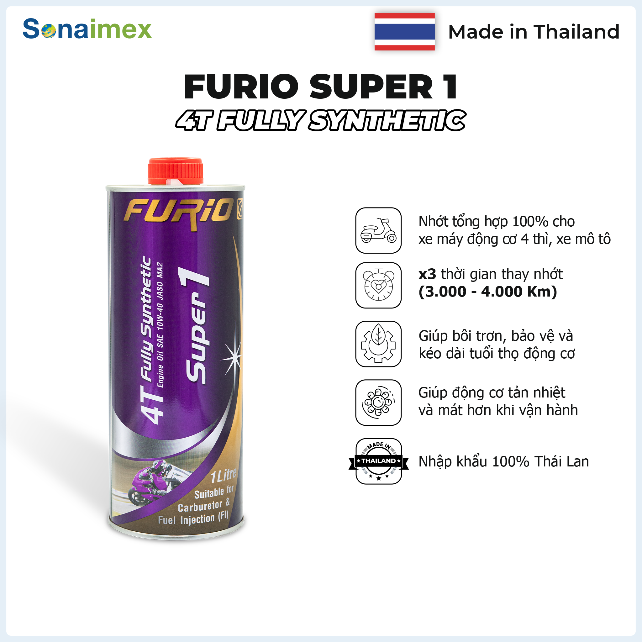 Nhớt xe máy tổng hợp toàn phần 100% BCP Thái Lan -  FURIO SAE 10W40, API SN, JASO MA2, Fully Synthetic dành cho xe số, xe ga, côn tay, motor - lon 1L - dầu nhớt Thái Lan nhập khẩu 100%