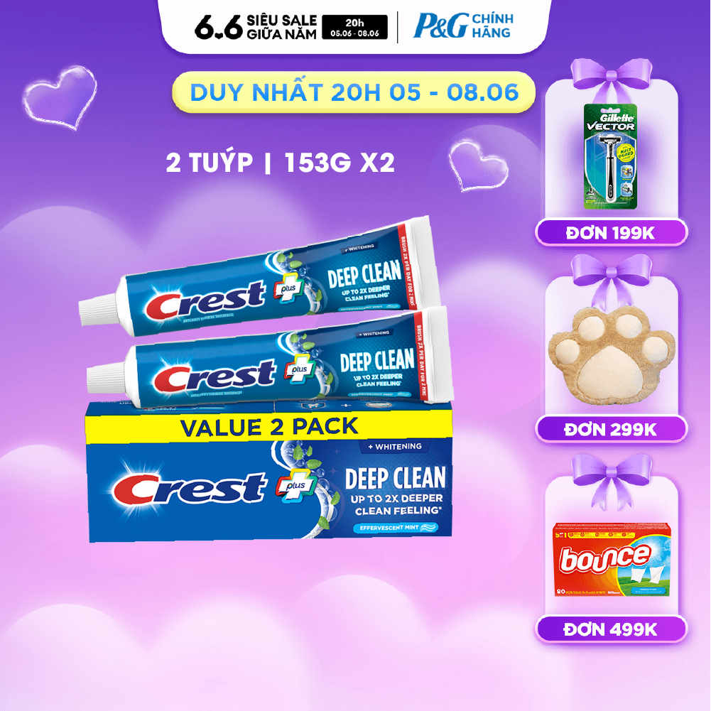 Hộp 2 Kem Đánh Răng CREST Nhập Khẩu Mỹ Làm Sạch Sâu Răng Trắng Sáng Complete Whitening + Deep Clean Tuýp 2x153g