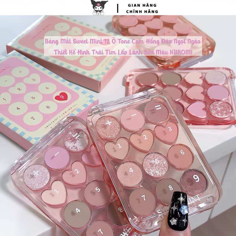 Bảng Mắt Sweet Mint 12 Ô Tone Cam Hồng Đào Ngọt Ngào Thiết Kế Hình Trái Tim Lấp Lánh Bền Màu