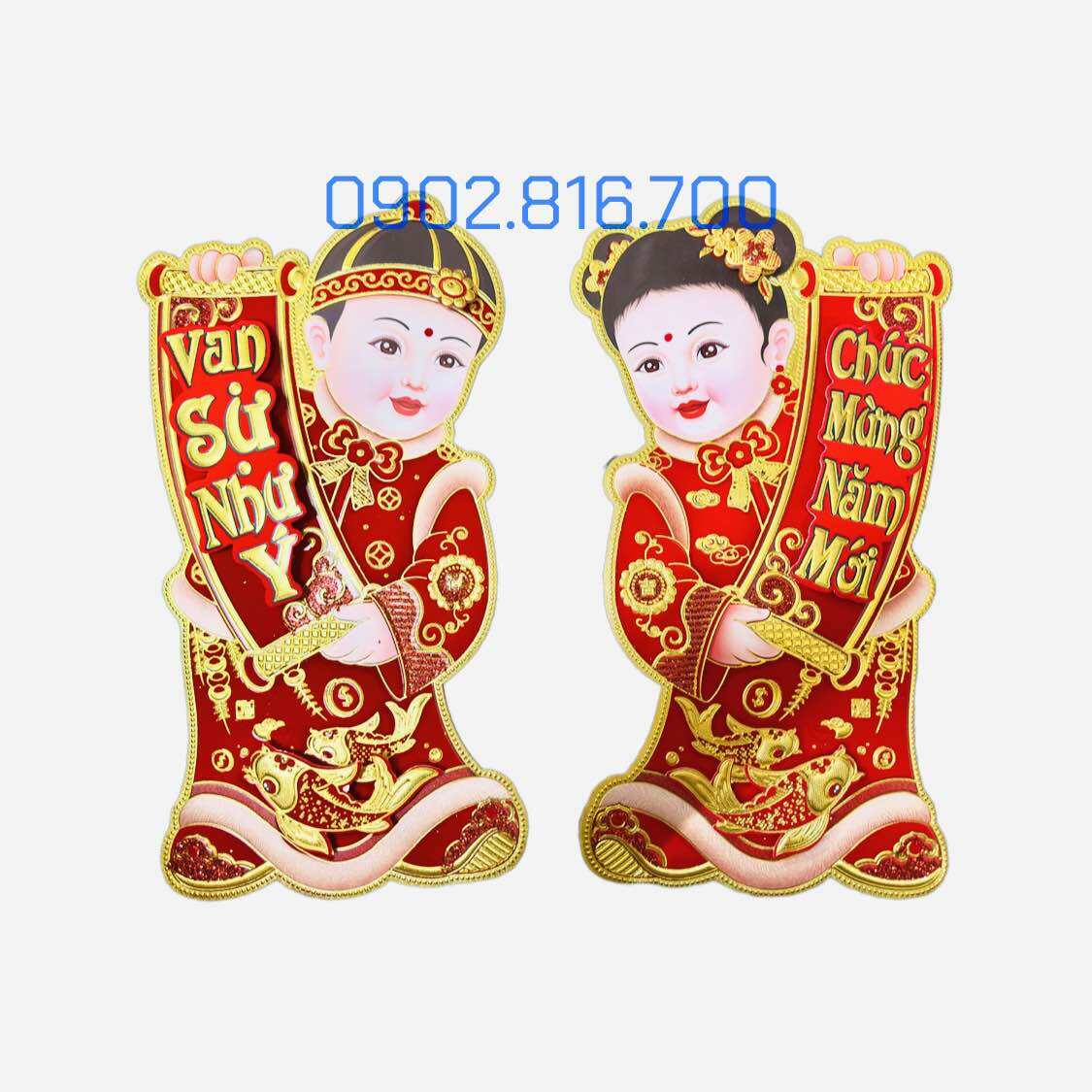 Hình dán hai em bé tiên đồng ngọc nữ trang trí tết 35cm Chữ việt