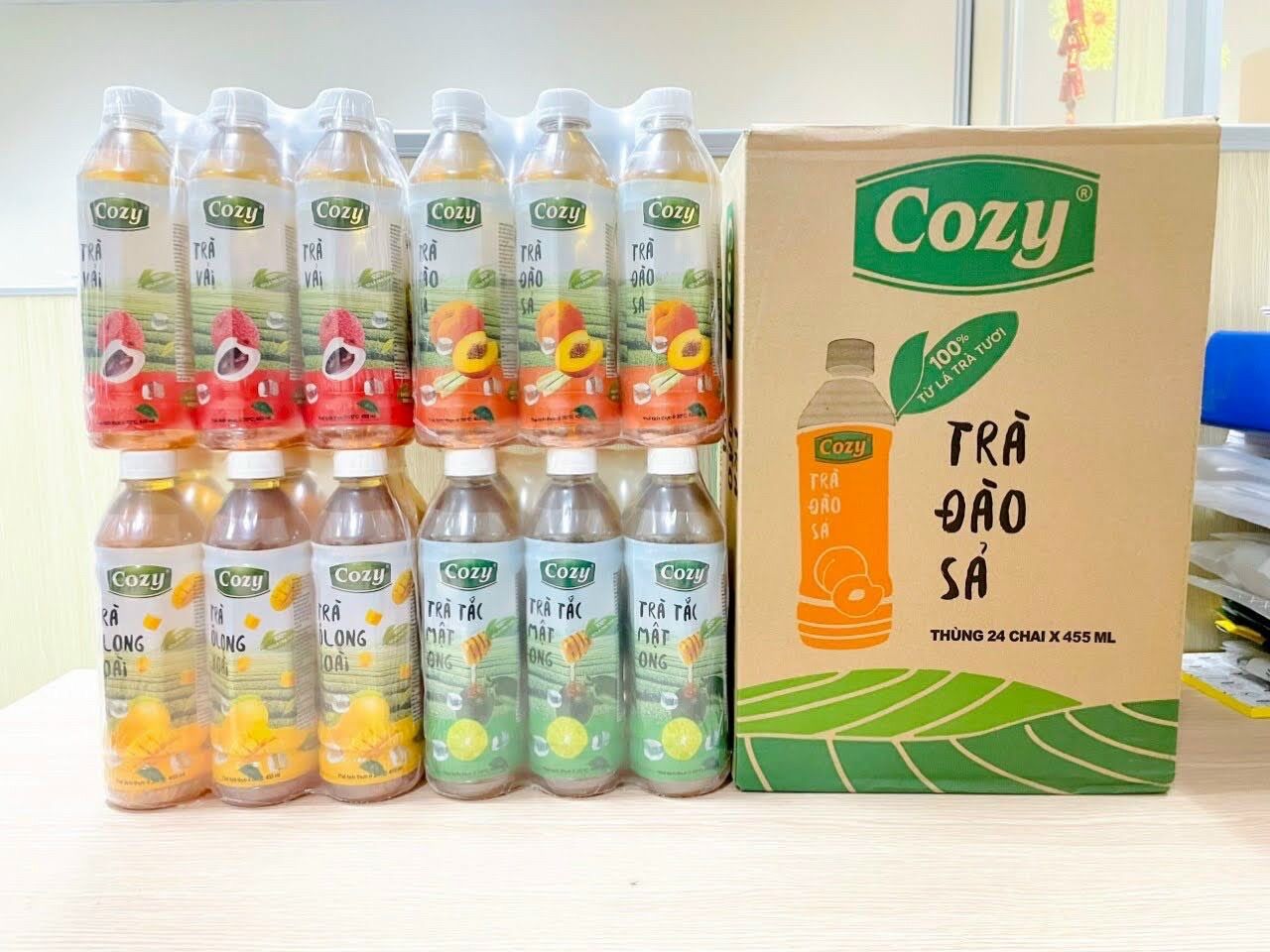Trà đào, trà vải, trà mật ong tắc cozy chai 455ml