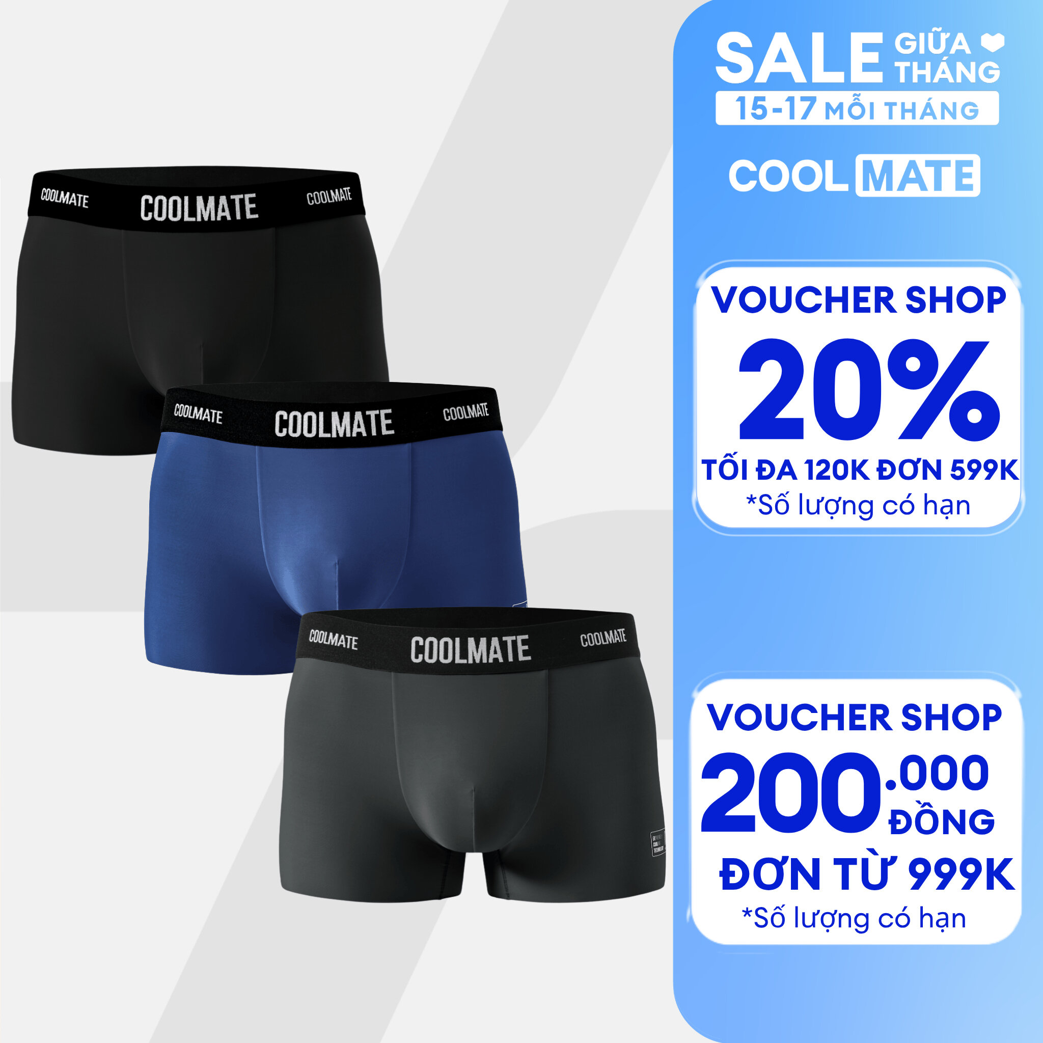 Combo 3 quần lót Trunk Excool Clean Cut mát mẻ, co giãn, siêu thấm hút Coolmate