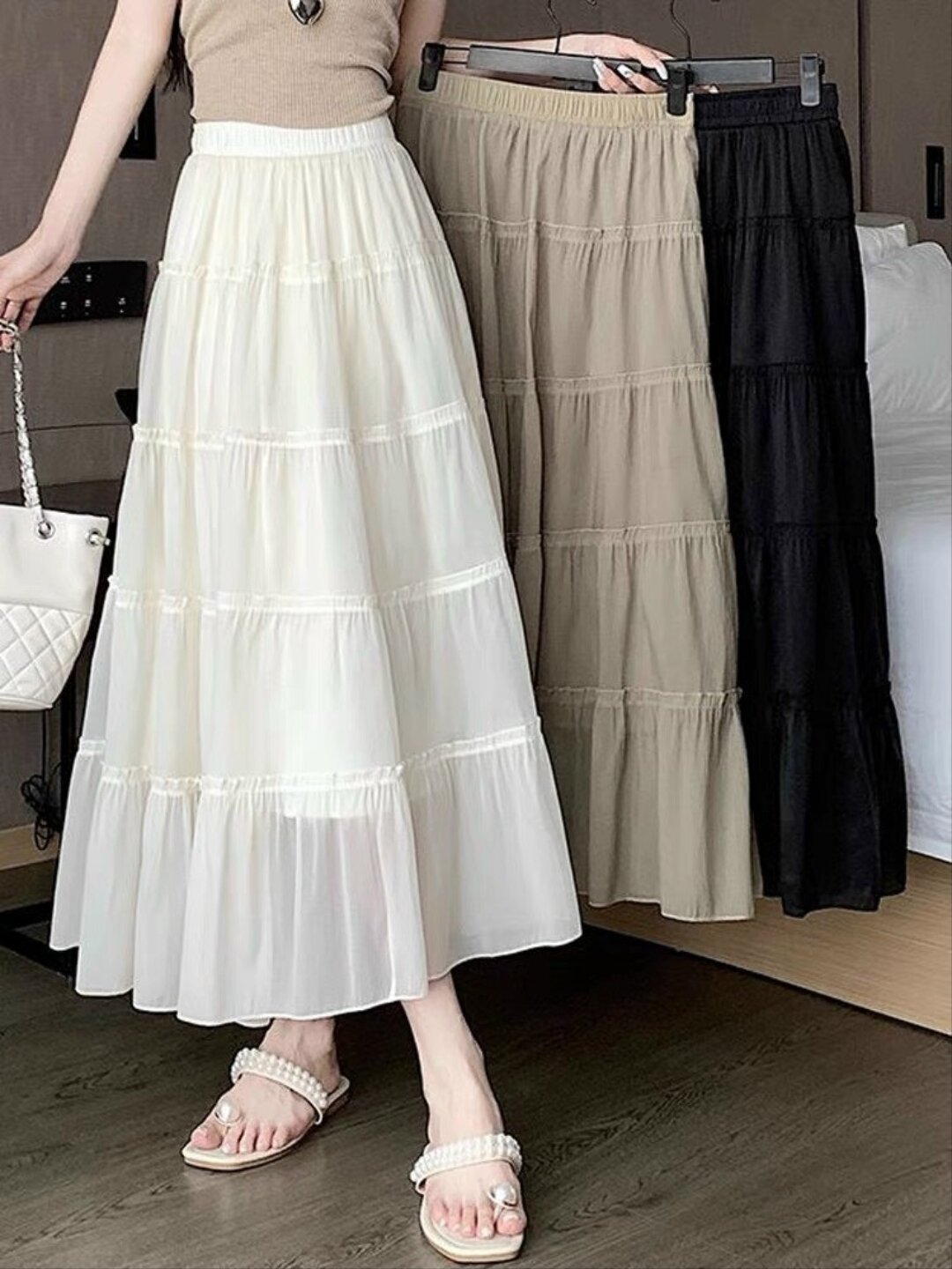 Chân váy midi 5 tầng bèo nhún chất tơ