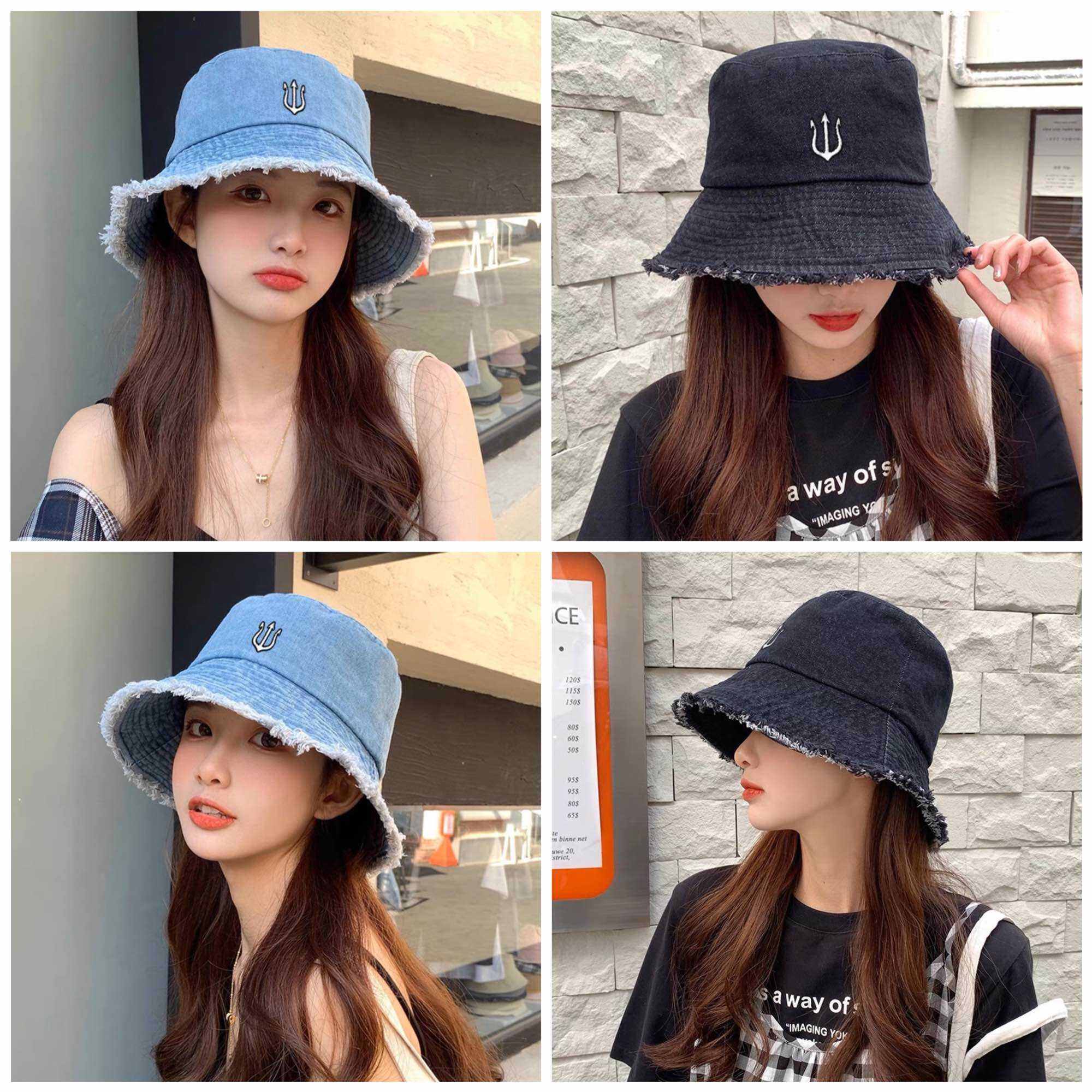 Nón bo Jean Hàn quốc vành tua :: mũ bucket thêu sanh chảnh thời trang nữ