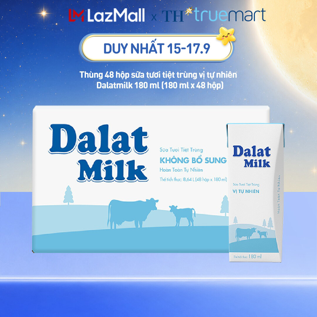 Thùng 48 hộp sữa tươi tiệt trùng Dalatmilk vị tự nhiên 180 ml (180 ml x 48)