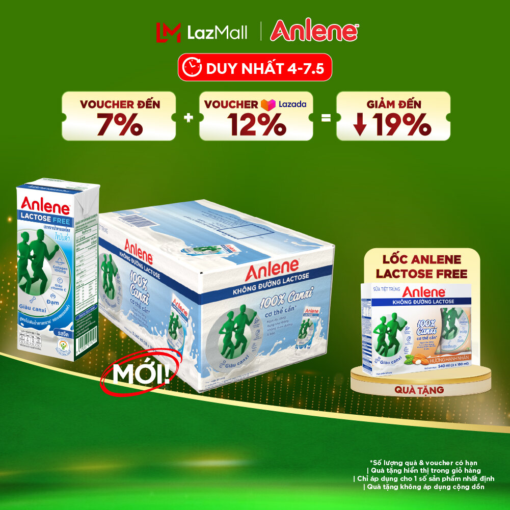Thùng 18 hộp sữa Anlene không đường Lactose vị nguyên bản 180ml