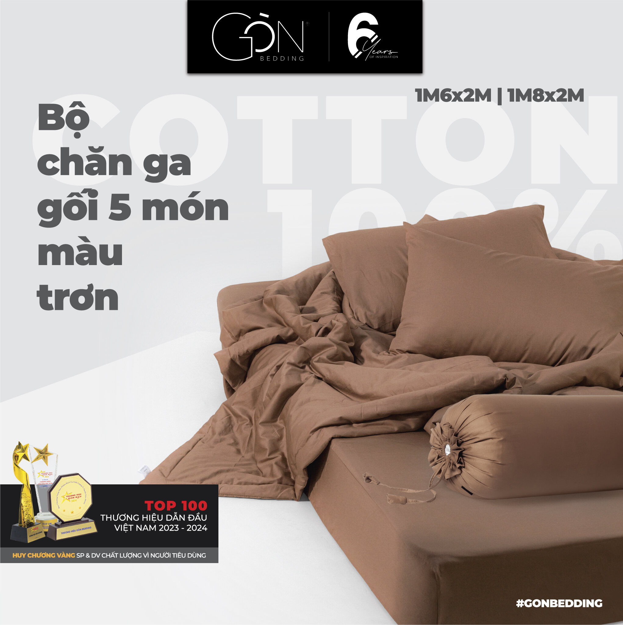 Bộ Chăn Ga 5 Món Gòn Bedding Cotton 100% Màu Trơn 1m6x2m, 1m8x2m
