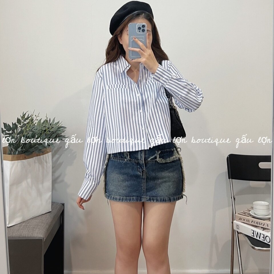 áo sơ mi kẻ sọc dáng ngắn hàn quốc
