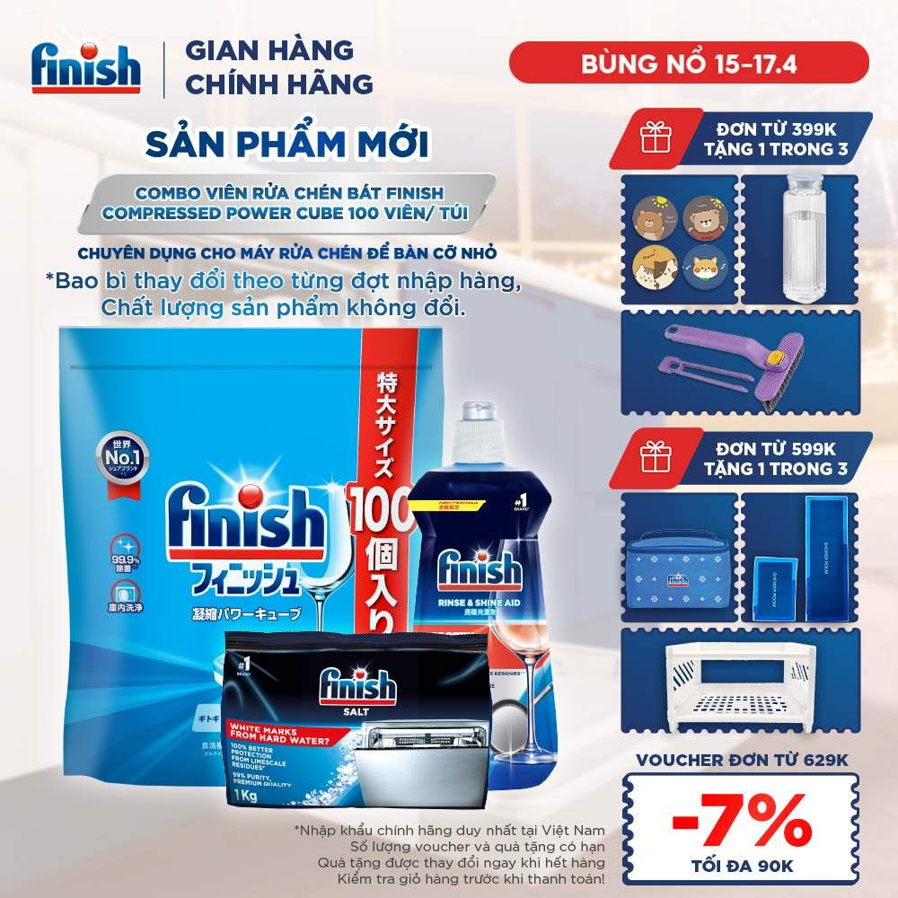 Combo Finish: Viên Rửa Chén Finish Nhật Bản Power Cube 100 Viên + Nước làm bóng Finish 500ml + Muối rửa chén 1kg
