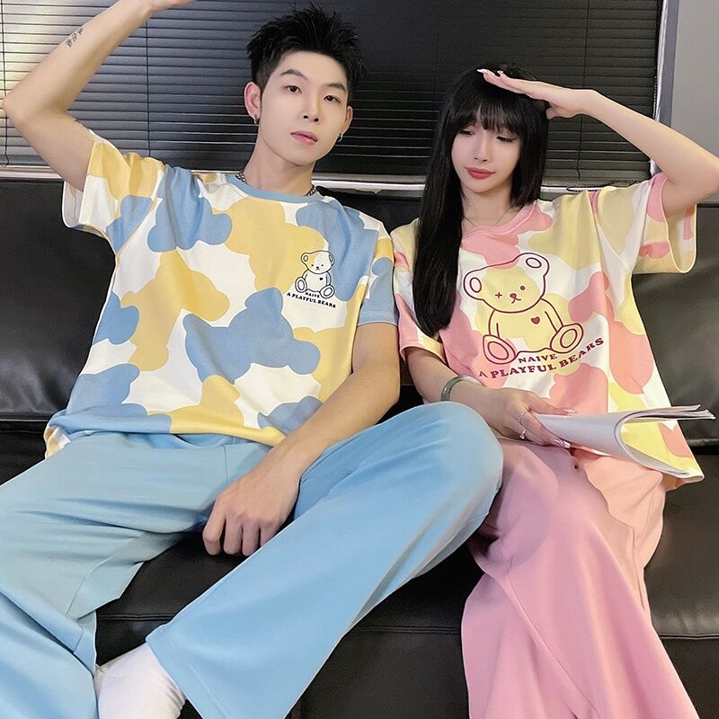 Mùa Hè Cotton, Vải Bông Bộ Đồ Ngủ Tay Ngắn Quần Dài Cặp Đôi Đồ Ngủ Hoạt Hình Quần Áo In Hình Tại Nhà Dễ Thương Bộ Bạn Gái Kích Thước Trẻ Trung