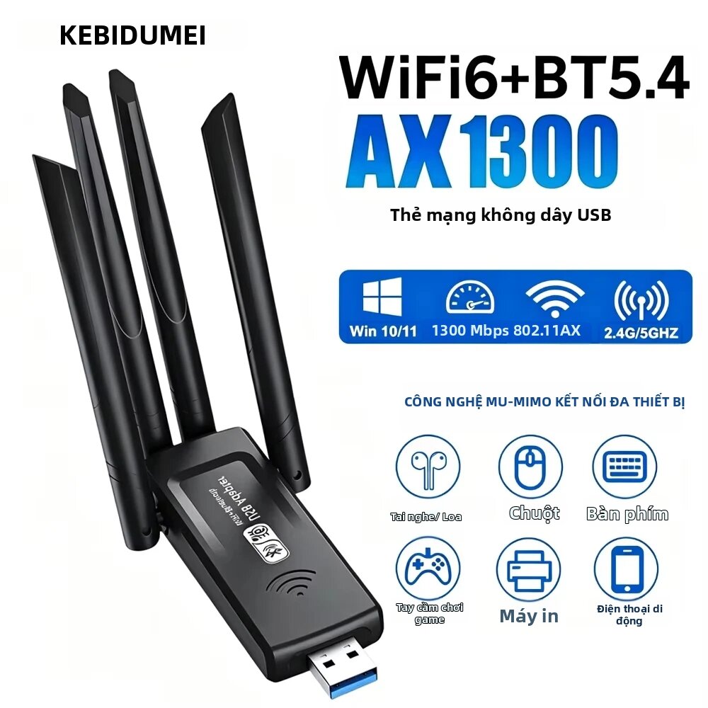 kebidumei | Bộ Điều Hợp WiFi Băng Tần Kép KEBIDUMEI 1300Mbps 2.4G/5GHz Với Bộ Thu Phát Không Dây Bluetooth 5.4 Cho Máy Tính Để Bàn, Máy Tính Xách Tay, Card Mạng USB Giá 358,000 Đồng*Miễn phí vận chuyển