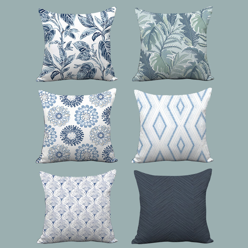 Nordic Style Blue Geometric Plant Patterned Cushion Cover Removable Washable Velvet Square Sofa Pillow Home Decor